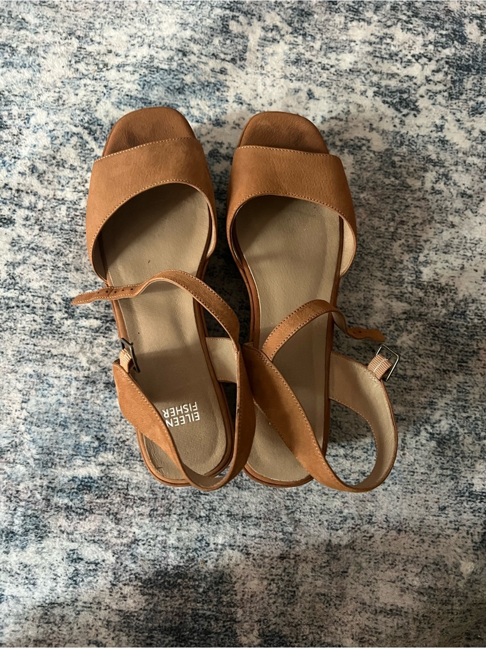 Eileen Fisher Cognac Leather Square-Toe Ankle-Strap Sandals 11